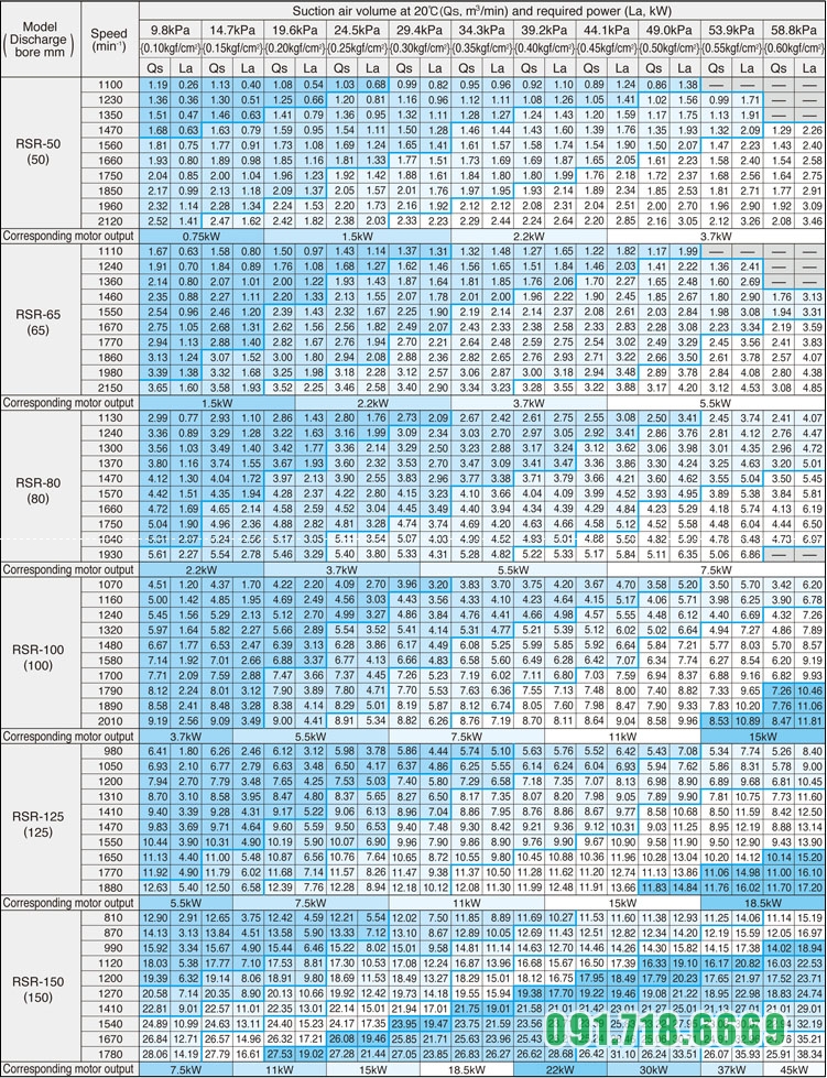 Thông số lượng khí hút tại 20 độ C và lượng năng lượng cần thiết của đầu máy thổi khí Tsurumi RSR 100